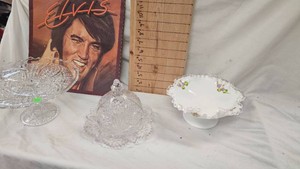 Fenton Milk Glass Bowl with Ruffled Edges Vitreous in the Snow, Crystal Cheese Holder and Cake Stand