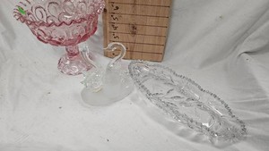 LE Smith Glass Co Pink Compote Dish, Crystal Serving Trays, Glass Blown Birds