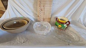 1960s Irradescent Carnival Bowl, Double Handle Jug, Pair of TexasWare Bowls
