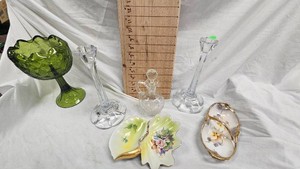 Indiana Glass Pedastal Compote, China Dishes, Cut Glass Cruet