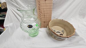 White Kristal Vase(Italy) and Winter Themed Pottery Bowl
