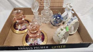 Depression Glass CandleHolders, Porcelain Figures, etc