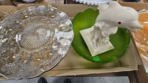 Relish Tray and Green Sating Glass Bowl with Dolphin Statue