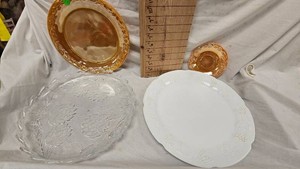 Peach Lustre FireKing Saucer, Platter, two Serving Platter