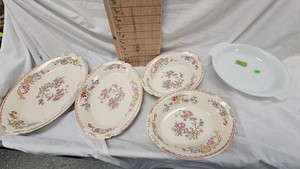 Syracuse China Serving Bowls andB153B183 Trays with Fire King Platter