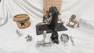 Spur Bookends, Pewter Figures, Brass Horse, Crock Planter