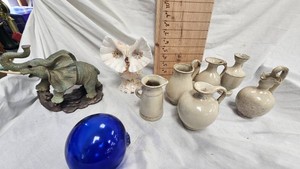 Jug Pottery Set, Shell Owl Folkart, Elephants, etc