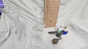 Lot of Bird Figurines and Beautiful Clear Vases