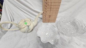 Pottery Teapot, Crystal Bowl, Platter