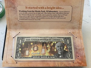 $1 Dollar U.S. Innovation Colorized Federal Reserve Note - Light Bulb