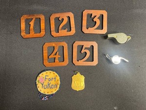 Collectible Memorabilia Mixed Lot - 1887 Republican Badge, Number Plaques & Whistles