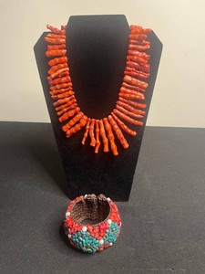 Stone Jewelry - Red Coral Bead Necklace & Coral & Turquoise Beaded Bracelet Mixed Lot