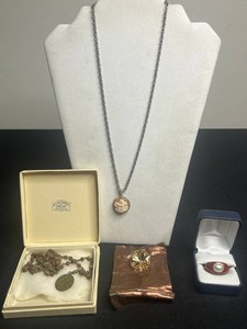 Vintage Costume Jewelry Mixed Lot - Sterling Pendant, Ring, Brooch & Rosary (4 Pieces)