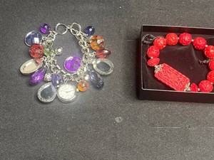 Costume Jewelry Bracelets - Charm Bracelet & Red Coral Carved Bracelet (Lot of 2)