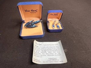Paua Shell Jewelry - ANZAC Sea Opal Brooch & Matching Clip Earrings