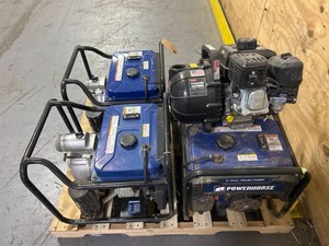 Powerhorse Extended Run Full-Trash Pump, 3in. Ports, 11,820 GPH, 1 18in. Solids Capacity, 212cc OHV Engine, Model# DS30W lot of 3 with 2 engine pallet