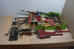 Assorted Tools - Caulk Gun, Pipe Wrenches