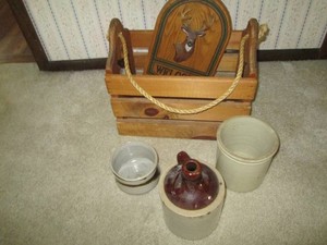 Apple themed open top box crate with rope carrying handle, misc Stoneware crocks and jug plus Deer head welcome sign