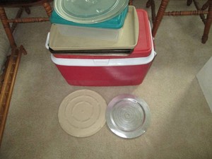 Rubbermaid cooler, Pampered Chef ovenware, metal bakeware and other misc shown in pics