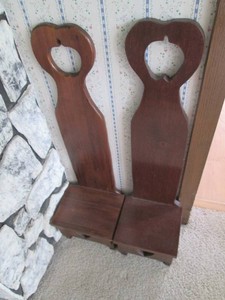 Pair of high back wood doll size stools or plant stands each approx 8x7.5x31in