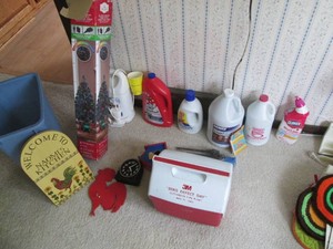 Rooster themed decor, household cleaners, 32in fiber optic artificial tree and other misc shown in pics