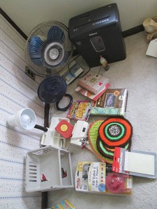 Fellowes paper shredder, desktop organization supplies, desk lamp, oscillating table fans, hot pads and toilet fill valve with flapper kit