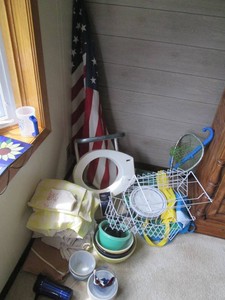 Table linens, dish towels, vintage glass mixing bowls, corelle bowls, wire metal baskets, US American flag, fishing net, reusable totes and New Toilet riser seat with side rails