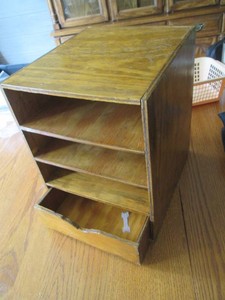 Hand crafted wooden desktop paper organizer with storage drawer approx 10.5x12.5x14in