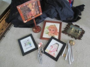 metal floral and fruit themed wind chimes, vintage framed wall decor, picture frames and more