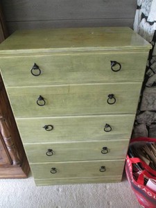 Vintage wood 5-drawer highboy dresser with black metal finish hardware approx 26.5x15x41.5in