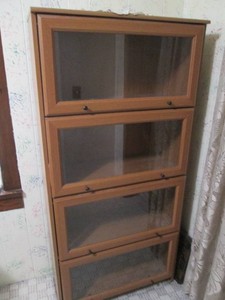 Oak Laminate 4-tier sectional barrister-style bookcase with glass front lift-up doors approx 29x13x60in