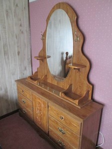 Oak style hardwood double drawer dresser and ornate mirror Hutch with side shelves, hooks and brass tone hardware approx 60x16x79in