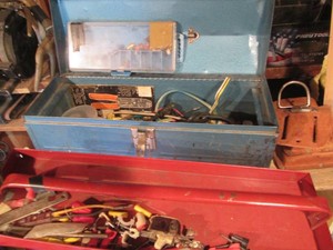 Blue metal top handle tool box with lift out tray, misc electrical tools and supplies