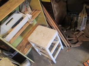Cut wood Patterns, trim work and furniture legs, vintage wood stool and shelf with content