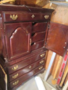 Darkvwood Armoire Cabinet dresser with ornate brass tone hardware approx 37x19x59in