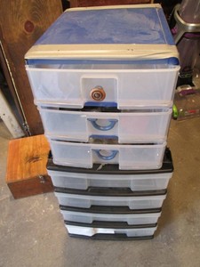 20in Plano grab-n-go organizer tool box plus wood box containing misc hand tools, hardware and accessories