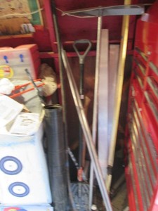 Metal roof rake, ice chipper, scraper, axe and assorted misc shown in pics