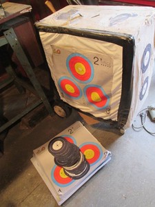 Portable Wood framed archery target and assorted replacement target sheets