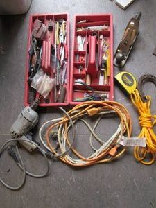 Tool trays, electric 38in drill, handcplaners, misc hand tools, accessories and assorted supplies