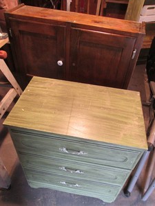 Vintage wood 3-drawer lowboy and 2-door upper cupboard storage cabinet