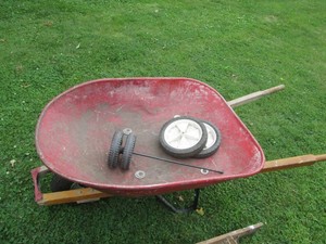 Metal bucket wheelbarrow plus replacement wheels for a grill or similar type unit