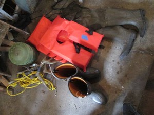Coleman 3500btu catalytic heater, life preservers, mens size 10 rubber boots and waders, boat anchors and deer rack call