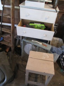 Vintage wood 5-drawer highboy dresser missing bottom 2 drawers, Vintage box fan and wood stool plus dresser content including assorted size and length chains, rope, utility hooks and more