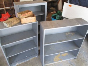 Vintage wood Land O Lakes cheese and Yeast Foam box trio plus a triobof wood storage shelves