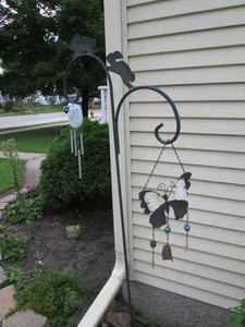 Dual Shepherds hook with decorative rabbit top and (2) Butterfly wind chimes