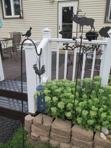 Deer themed metal wind vane, Shepherds hook and metal Rooster themed wind chime