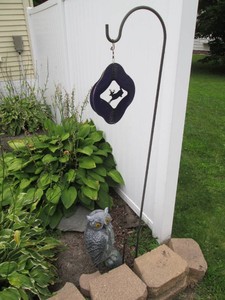 Shepherds hook, Deer themed wind spinner and garden owl deterrent