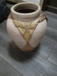 Southwestern style 11.5in pottery vase with wicker style embellishments