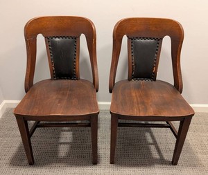 LL - Vintage Wood & Leather Chairs - Brown, Blodgett & Sperry Pair