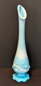 DR - Vintage Fenton Blue Slag Glass Cabbage Rose Swung Bud Vase